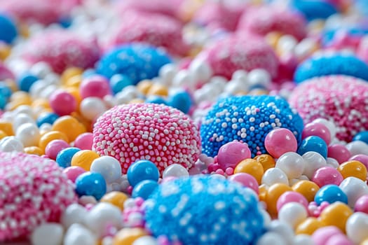 Macro shot of colorful sprinkles on a white background, creating a playful and vibrant texture.