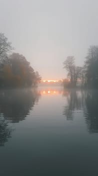 A blanket of fog over a calm lake at dawn, evoking a sense of mystery and tranquility.