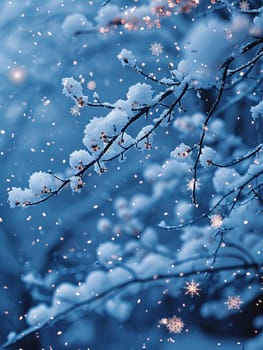 Snowflakes gently falling against the backdrop of a night sky, illustrating the silence of winter.