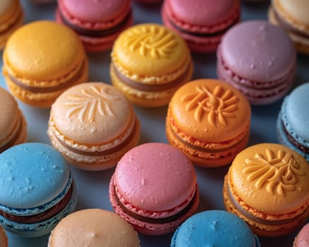 Close-up of colorful macarons arranged in a pattern, representing sweetness and indulgence.