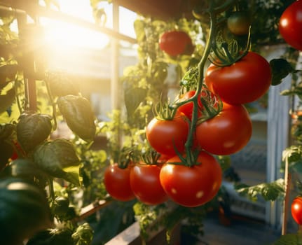 Balcony garden with cherry tomatoes. Close up view of bunch of red delicious ripe cherry tomatoes growing on balcony garden. Balcony urban gardening concept