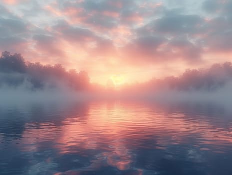 A blanket of fog over a calm lake at dawn, evoking a sense of mystery and tranquility.