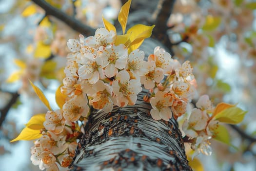 Blooming cherry blossoms against blue sky, ideal for spring and floral themes. Rough bark texture of an old tree, great for nature and rustic designs.