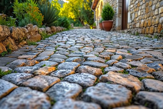 Worn cobblestone street in historic town, great for vintage and cultural projects.