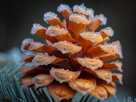 Macro shot of frost on a pine cone, showcasing winter's intricate details.