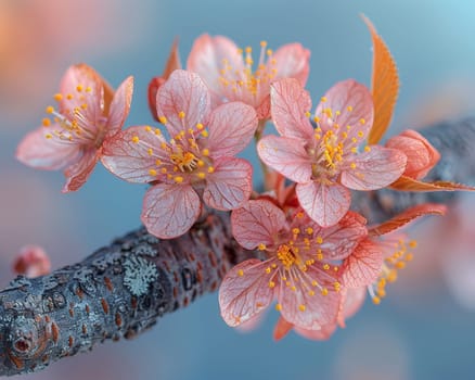 Blooming cherry blossoms against blue sky, ideal for spring and floral themes. Rough bark texture of an old tree, great for nature and rustic designs.