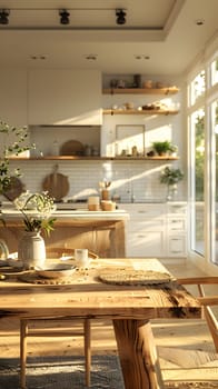 The building features a kitchen and dining room with hardwood flooring, wooden table, chairs, and shelving. The wood stain enhances the interior design