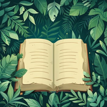 A rectangular publication lies open, surrounded by lush green leaves on a dark background. The book is made of wood, with a grass design on the cover and intricate font on linen pages