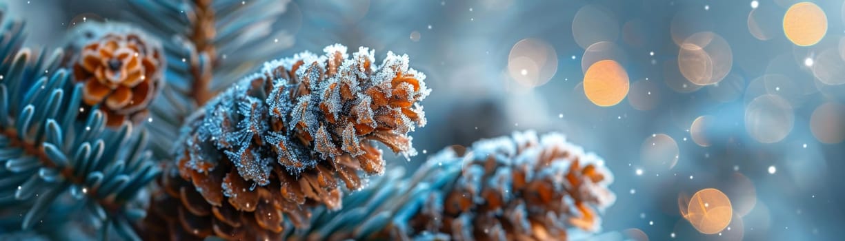 Macro shot of frost on a pine cone, showcasing winter's intricate details.