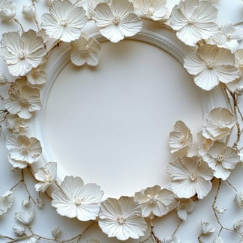 Wedding elegant flower frame on a light blue background. Generative AI.