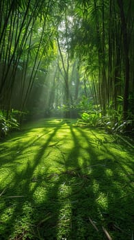 Sunlight casting shadows through a bamboo forest, representing tranquility and natural patterns.