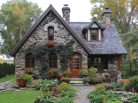 A quaint stone cottage in a lush garden, offering a storybook setting.