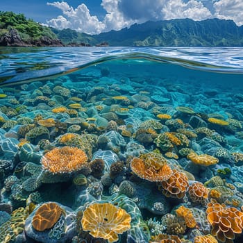 Shallow coral reef with clear water above, capturing tropical marine ecosystems.