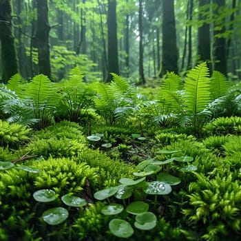 Close-up of moss and ferns in a dense forest, illustrating lush greenery and growth.