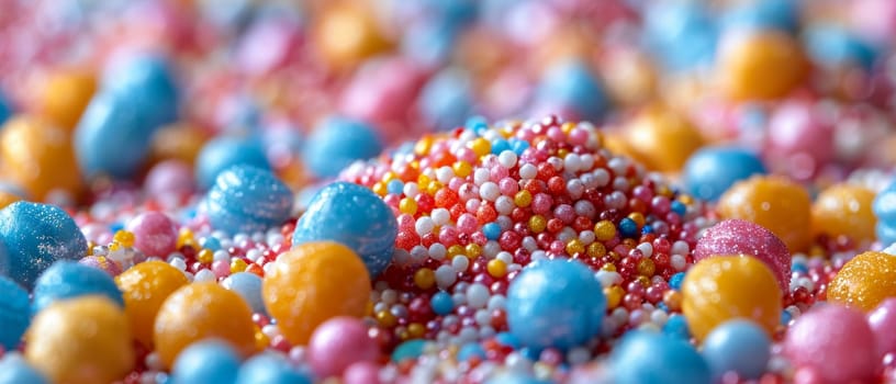 Macro shot of colorful sprinkles on a white background, creating a playful and vibrant texture.