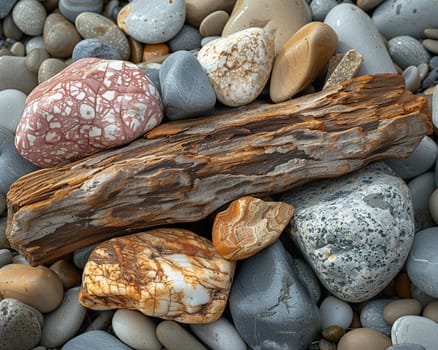 The contrasting textures of smooth pebbles and rough driftwood on a beach, showcasing natural diversity.