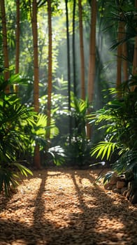 Sunlight casting shadows through a bamboo forest, representing tranquility and natural patterns.