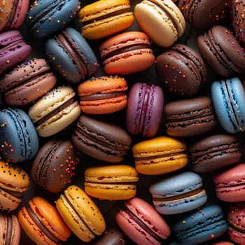 Close-up of colorful macarons arranged in a pattern, representing sweetness and indulgence.