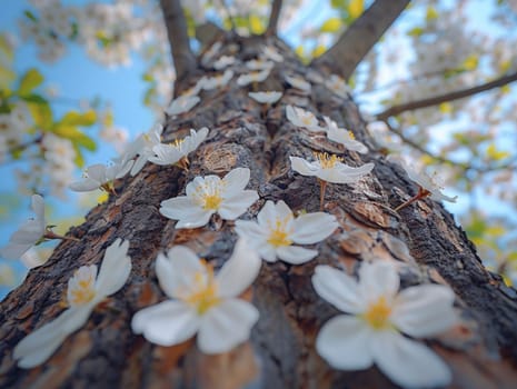 Blooming cherry blossoms against blue sky, ideal for spring and floral themes. Rough bark texture of an old tree, great for nature and rustic designs.