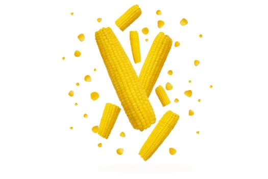corn cobs flying on a white background, food