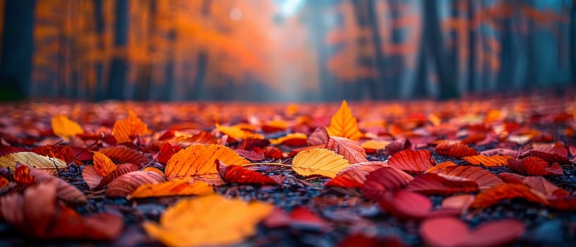 Brightly colored autumn leaves on forest floor, ideal for fall season and natural themes.