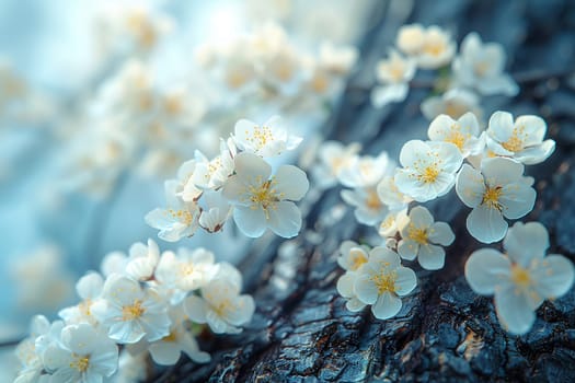 Blooming cherry blossoms against blue sky, ideal for spring and floral themes. Rough bark texture of an old tree, great for nature and rustic designs.