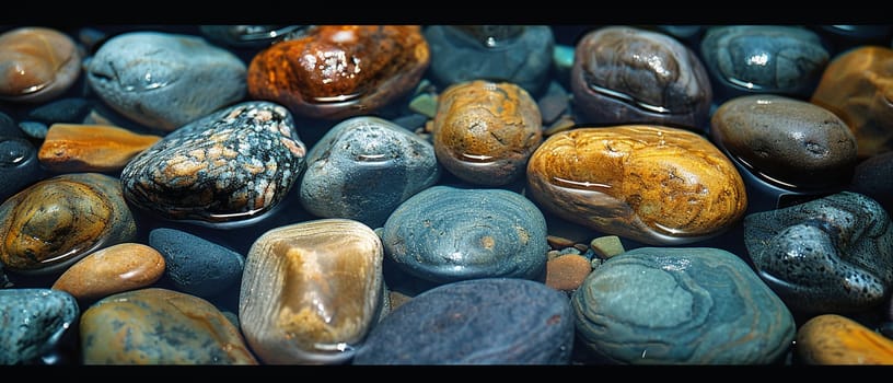 Smooth pebbles under clear stream water, for peaceful and zen-like designs.