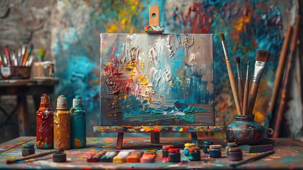 Vibrant painting displayed on an easel in a city art event. Brushes, paints, and drinkware on a table. Electric blue hues add colorfulness to the visual arts display