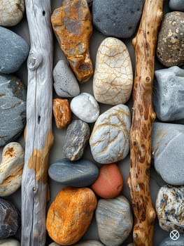 The contrasting textures of smooth pebbles and rough driftwood on a beach, showcasing natural diversity.