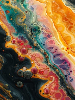 Abstract patterns of oil on water, showcasing the interaction of colors and fluids.