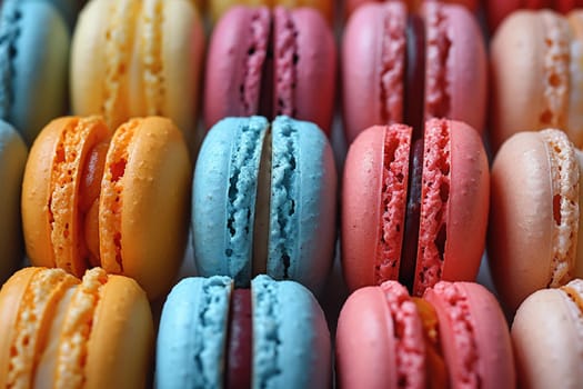 Close-up of colorful macarons arranged in a pattern, representing sweetness and indulgence.