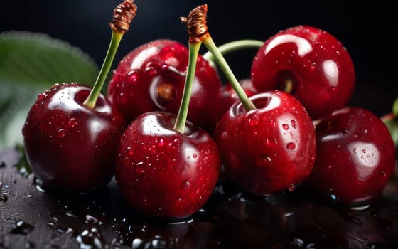 Aesthetic image of red ripe cherries on dark background