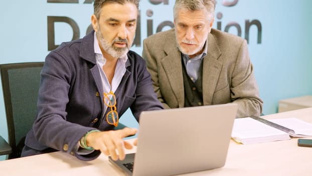 Two mature businessmen using laptop sitting on meeting room