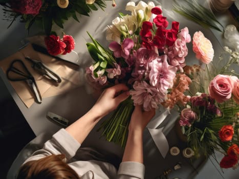 Florist making bouquet in her sunny flower shop. Top view of faceless unrecognized female florist work in progress, making bouquet