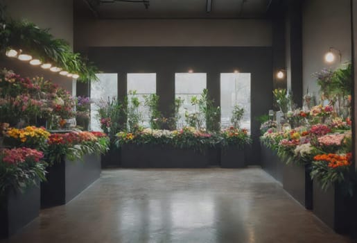 Modern flower shop interior. Interior design of flower shop or store, Copy space