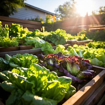 Growing vegetables on raised wooden bed in backyard garden, vegetable growing concept. Small urban backyard garden contains raised planting beds for growing salad greens and herbs throughout summer