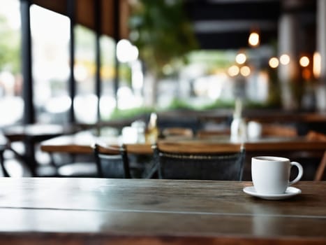 Empty wooden deck table in blurred cafe interior, mockup. Brown wooden tabletop with white coffee cup on background of blurred modern cafe interior. Mockup for product