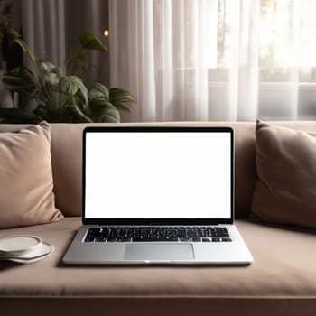 Open modern laptop with blank white screen on sofa in cozy room interior, mockup. Empty laptop screen on table in modern room interior, mockup