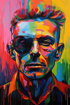 The comic colourful picture of the short hair male adult human head and has been wearing sunglasses with straight face yet picture fill with various colour that make picture fill with emotion. AIGX01.