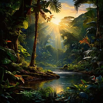 Painted art of Colombian amazon forest with monstera and other plants. Tropical forest as green nature background