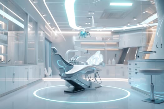 A cutting-edge dental clinic furnished with advanced equipment, featuring a futuristic chair and lighting, for optimal patient care