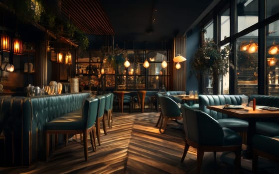 Restaurant design of fashionable cozy interior. Dark cozy aesthetic interior of restaurant in blue colors with wooden textures