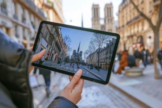 Hands hold a tablet displaying an augmented reality overlay of a historic building, blending technology with architecture