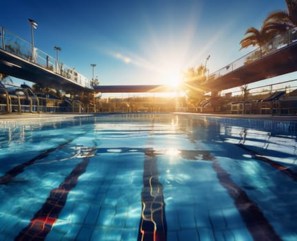 Swimming pool outdoors. Beautiful empty swimming pool with amazing sunlight. Sport and relax concept