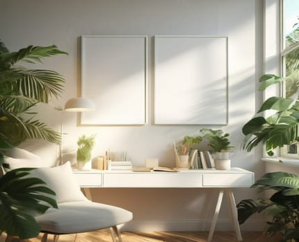 Mock up two picture frame in living room interior with urban jungle. Writing desk and chair in room with green plants. Scandinavian and boho style room interior with many natural potted plants