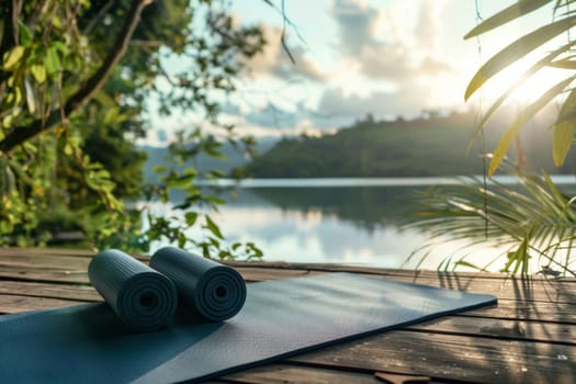 A peaceful yoga studio interior, bathed in natural light, featuring eco-friendly mats and a tranquil ambiance for mindfulness