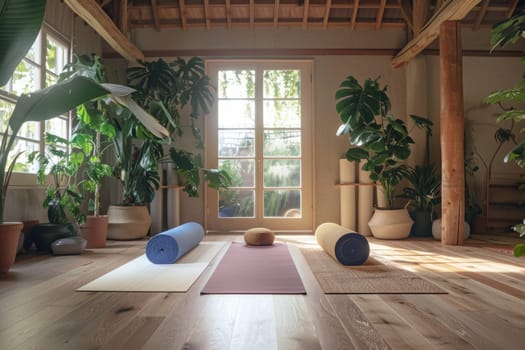 A peaceful yoga studio interior, bathed in natural light, featuring eco-friendly mats and a tranquil ambiance for mindfulness