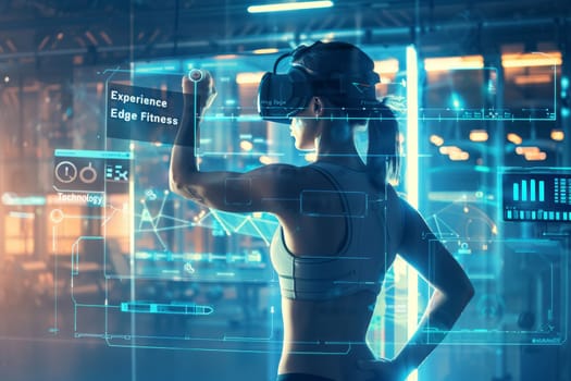 A toned athlete engages with a virtual reality fitness program in a high-tech gym environment