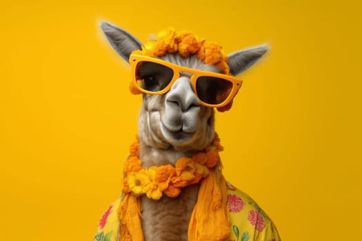 A quirky portrait of a llama donning sunglasses and a scarf, humorously styled for a summer holiday against a yellow background