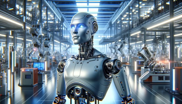 A humanoid robot stands amidst a futuristic factory, its sleek design and advanced technology representing the forefront of automation and AI